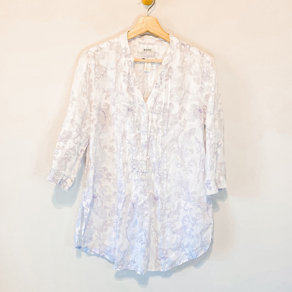 Malvin Hamburg Germany lavender floral White 100% Linen Top size medium